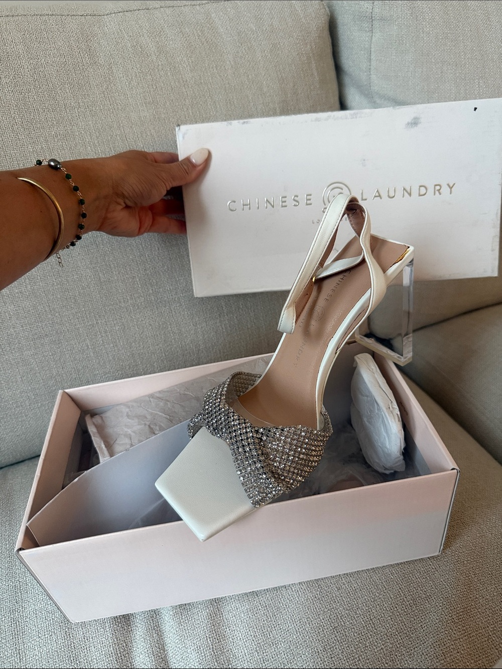 Chinese Laundry Ivory Slingback Block Heels with Crystal Strap